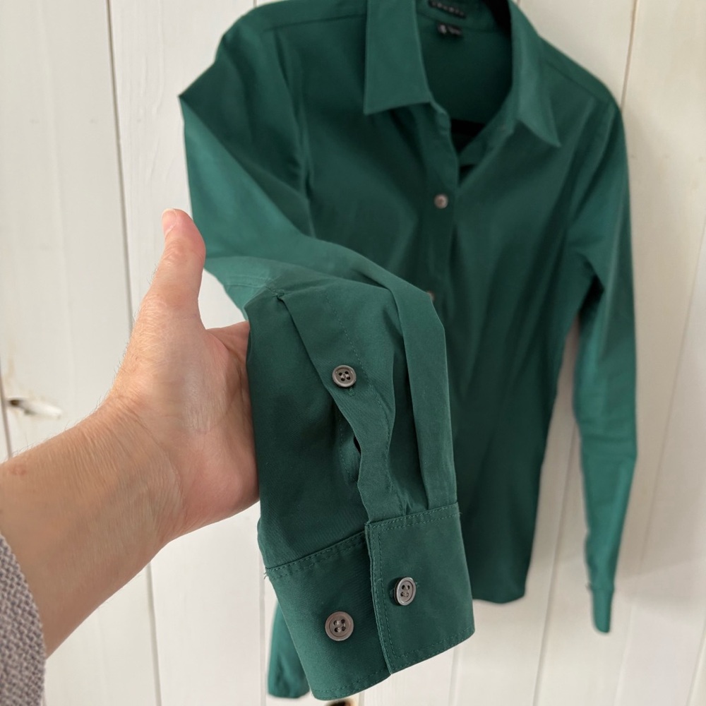 Theory Green Cotton Blend Tailored Button-Up Shirt Size Medium - Picture 4 of 11